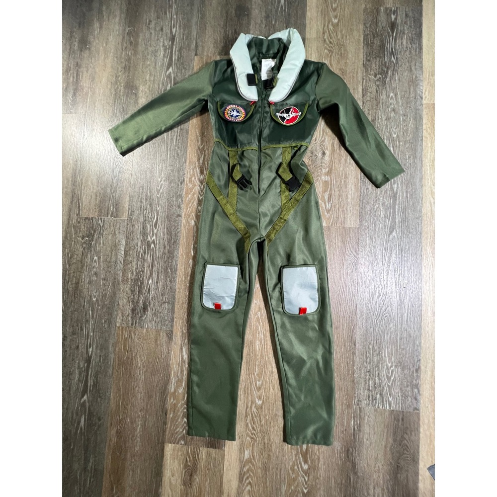 Fighter Pilot Costume Kids Size S Green Flight Suit Jumpsuit Patches